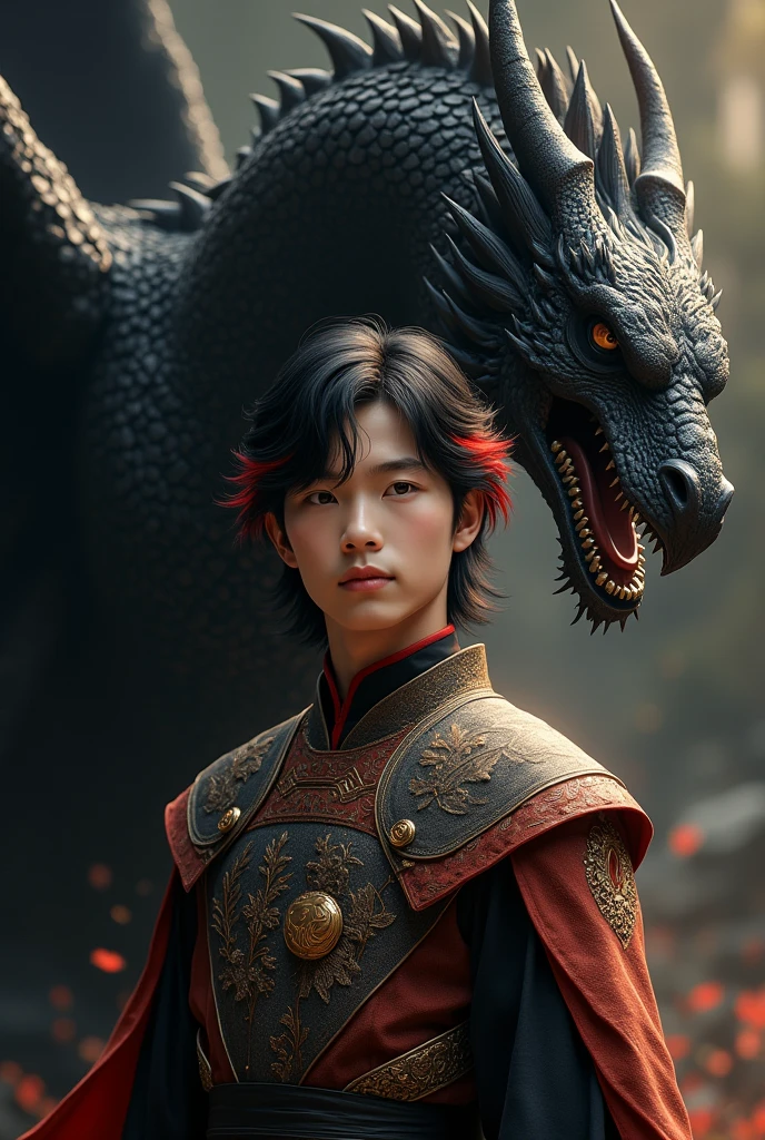 A white-skinned prince, Medium length black hair with red tips. light brown eyes, pink lips and with a black Phoenix Dragon behind him. He will have a warrior outfit and on the chest of his outfit there will be the logo of a dragon head and a wing. The prince has American nationality 