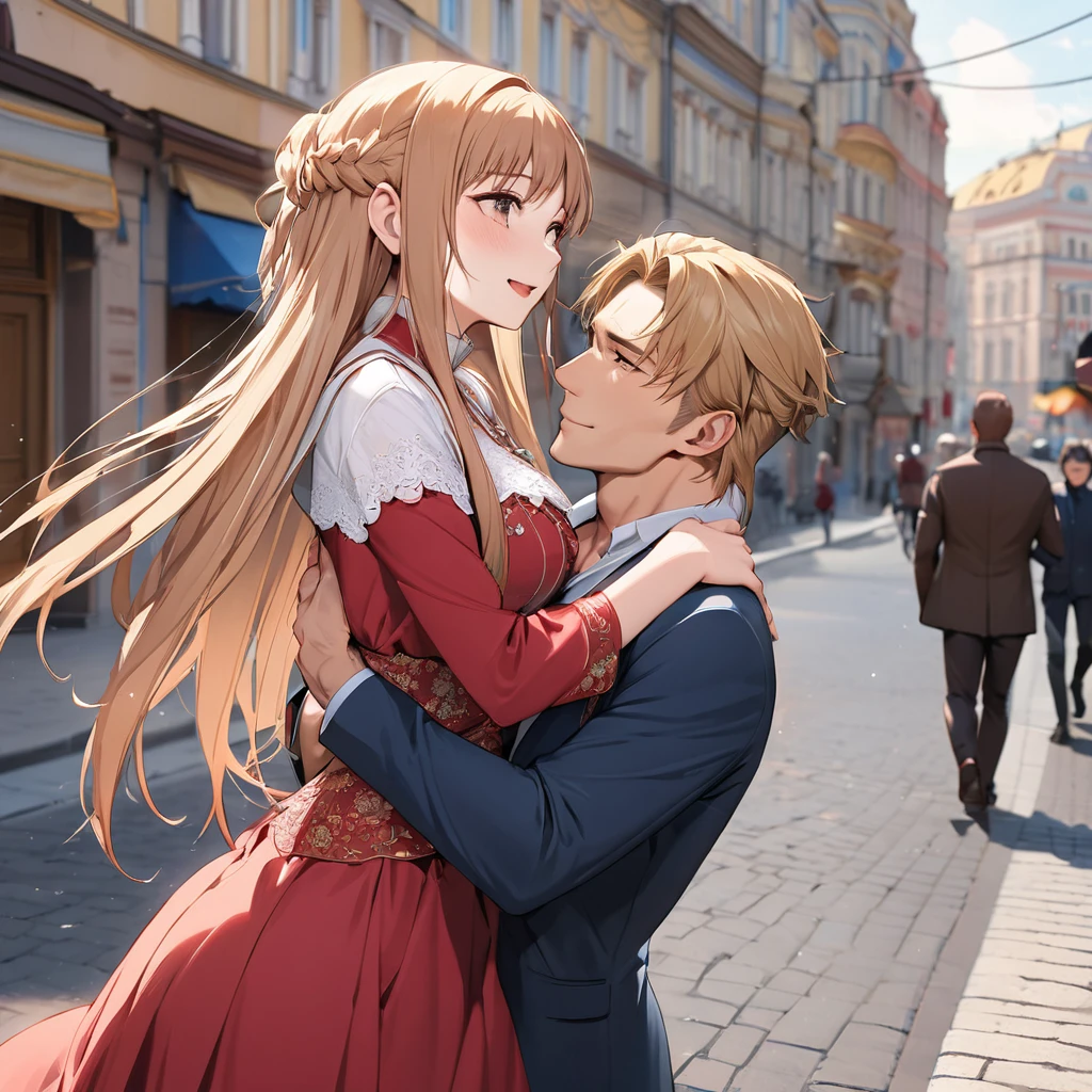 ((Highest quality)), ((masterpiece)), (detailed), (Perfect Face)、The woman is Yuuki Asuna, a Russian with light brown, semi-long hair.、In the streets of Russia, women are beautifully dressed in everyday Russian clothing and luxurious accessories.、The woman is having a fun date with a hunky Russian man.、A man is embracing a woman