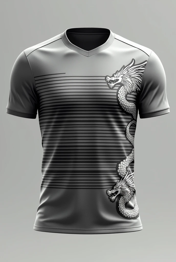 Football shirt without player with gray color, horizontal black stripes, with white dragons
