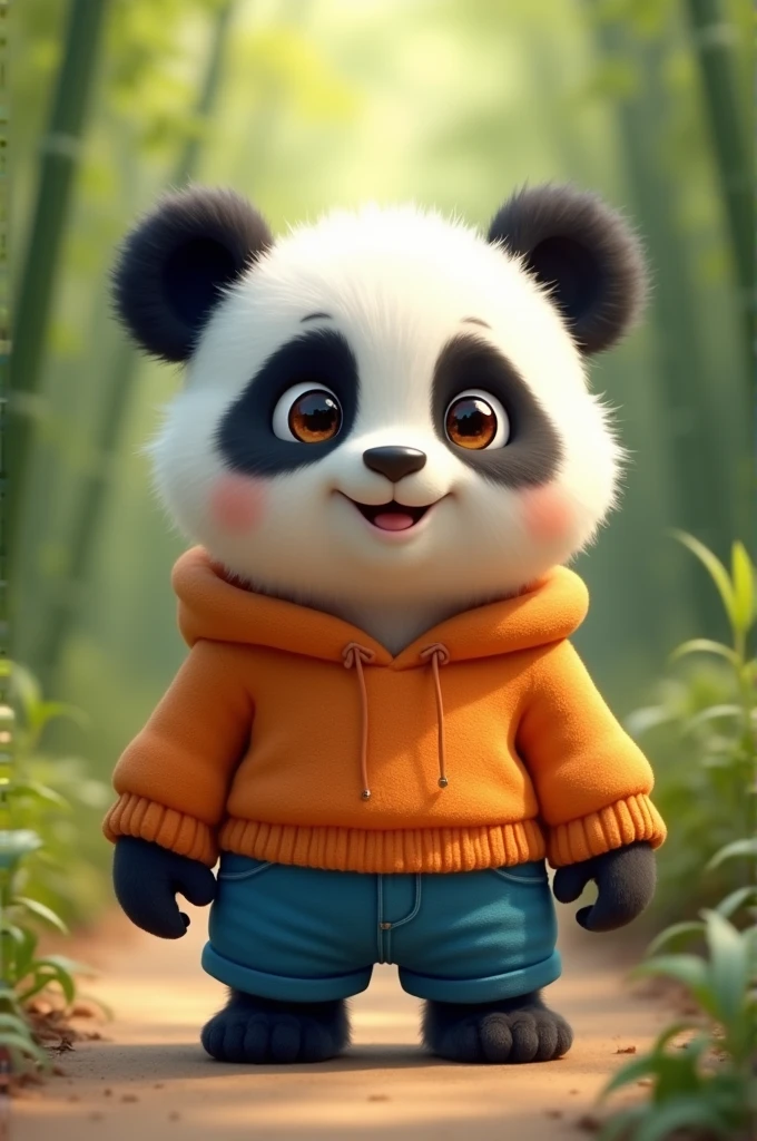create for me a cute panda bear with an orange sweater and blue shorts