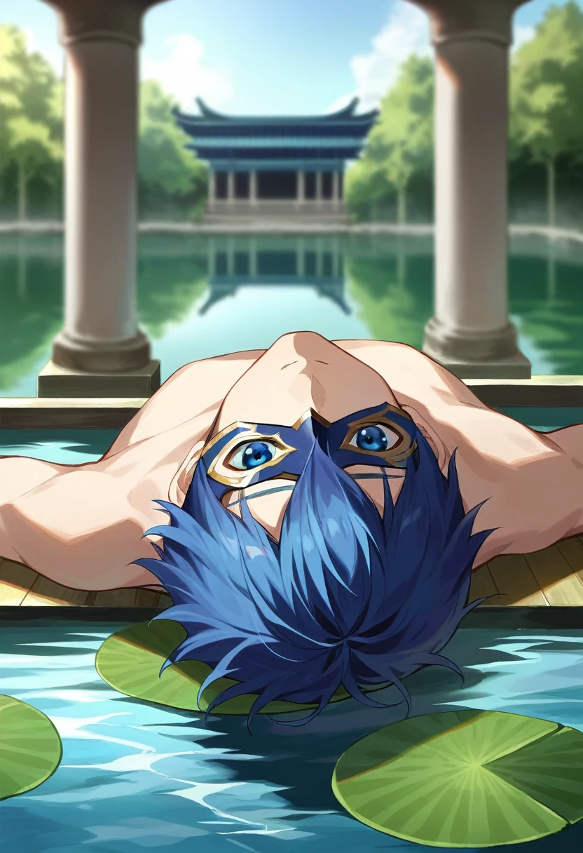 score_9, score_8_up, score_7_up, source_anime, rating_safe, intricate details, semi-realistic, looking at viewer, depth of field, 1boy, solo, male focus, ayato_kirishima, blue hair, blue eyes, hair between eyes, , mask, rule of thirds, pond, arch, japanese architecture, indoors, lying, on back, distracted, aloof, oblivious, ,