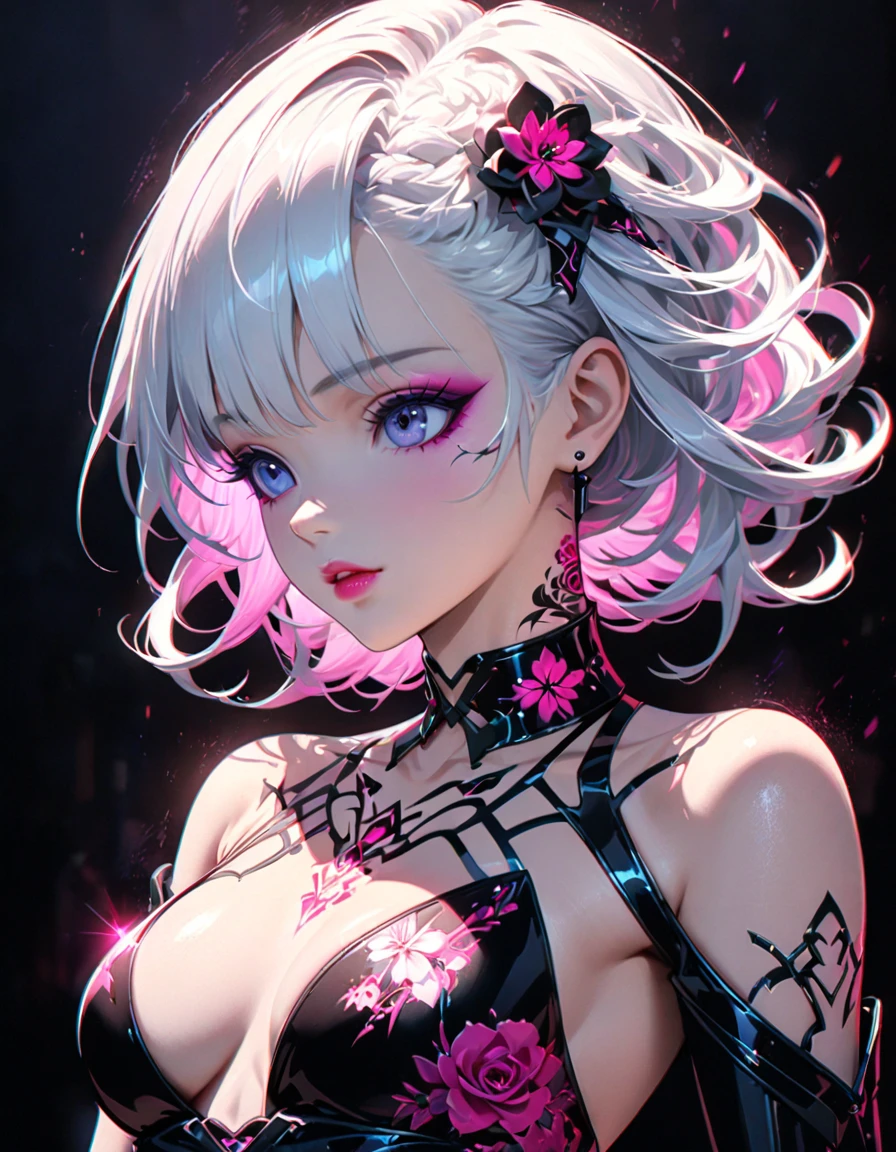 detailed textures, high quality, high resolution, high precision, realism, color correction, correct lighting settings, harmonious composition. Stunning anime girl with an intricate floral tattoo on her neck., radiating elegance and beauty.,in the style of neon realism, indigo and light black, Gothic modern, anime-style character design, dark white and indigo, bold but elegant, cyberpunk manga, detailed costumes --ar 3:4