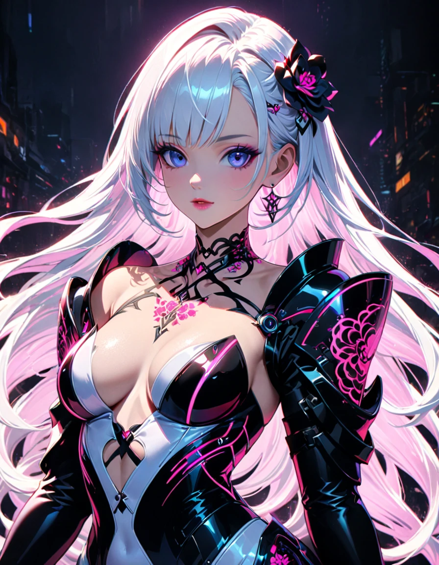 detailed textures, high quality, high resolution, high precision, realism, color correction, correct lighting settings, harmonious composition. Stunning anime girl with an intricate floral tattoo on her neck., radiating elegance and beauty.,in the style of neon realism, indigo and light black, Gothic modern, anime-style character design, dark white and indigo, bold but elegant, cyberpunk manga, detailed costumes --ar 3:4