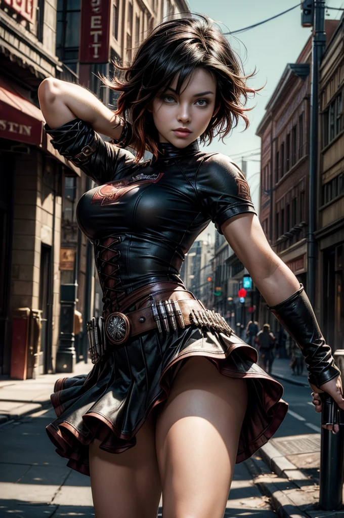 (masterpiece, best quality:1.2), cowboy shot, solo, dynamic pose, 1girl, ruby rose, looking at viewer, t-shirt, skirt, in steampunk city street