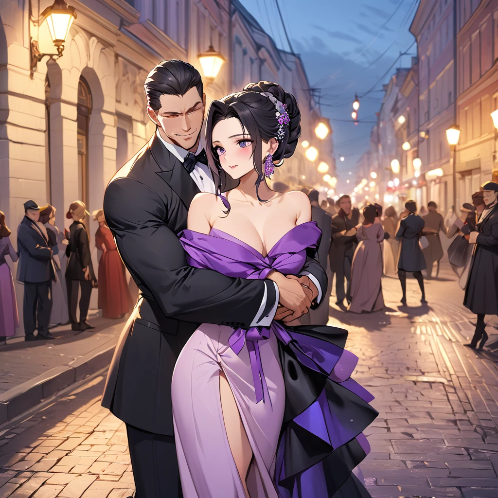 ((Highest quality)), ((masterpiece)), (detailed), （Perfect Face）、The woman is Shinobu Kocho, a Russian with black hair in a purple gradient bob style, tied up in a formal evening hairstyle.、In the streets of Russia, women are beautifully dressed in everyday Russian clothing and luxurious accessories.、The woman is having a fun date with a muscular Russian man.、A man is embracing a woman