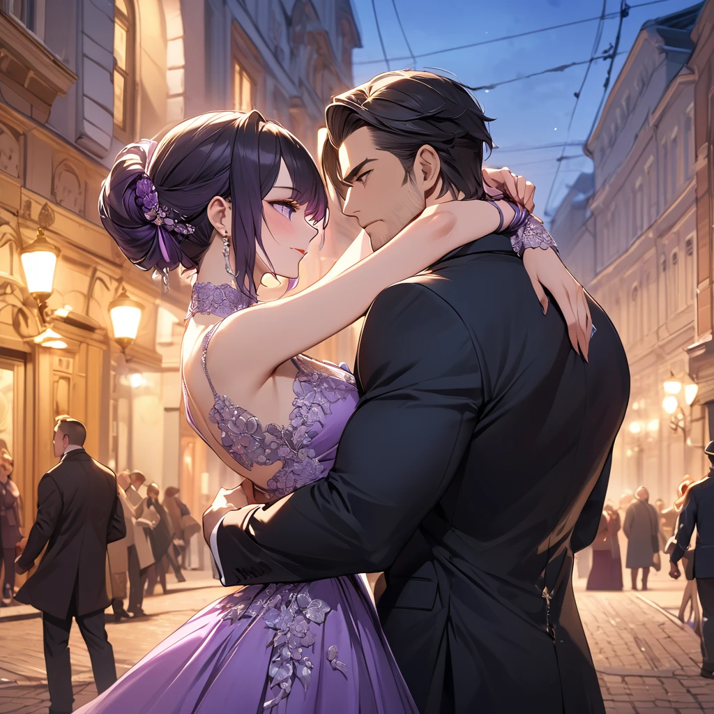 ((Highest quality)), ((masterpiece)), (detailed), (Perfect Face)、The woman is Shinobu Kocho, a Russian with black hair in a purple gradient bob style, tied up in a formal evening hairstyle.、In the streets of Russia, women are beautifully dressed in everyday Russian clothing and luxurious accessories.、The woman is having a fun date with a muscular Russian man.、A man is embracing a woman