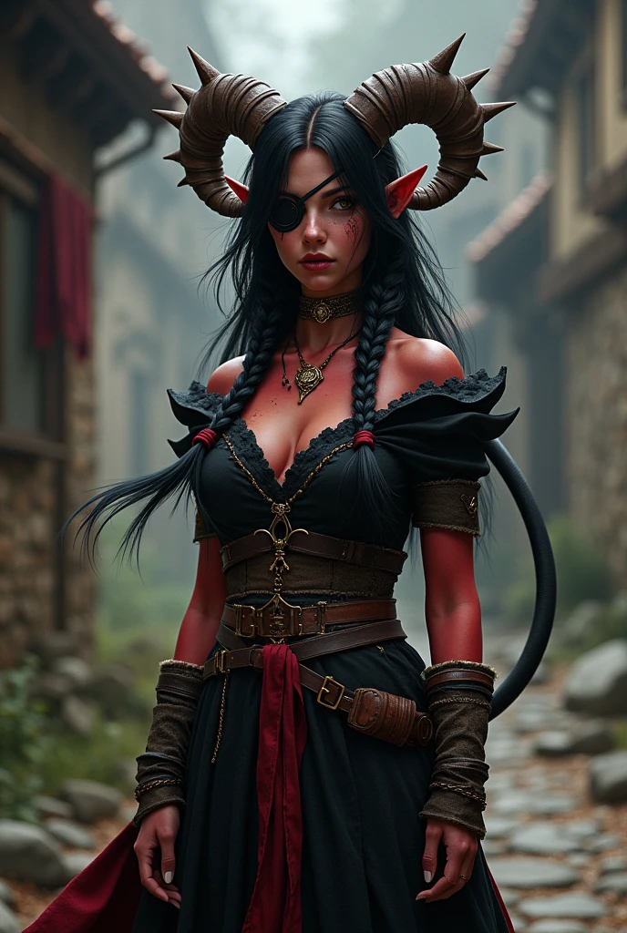 ((Mediovale)), uma mulher Tiefling, reddish skin, magician, ram horns, broken left horn, Bblack hair, hypdertailed, scraping both sides, two braids on each side of the bangs, white eyes without scruff, eye patch on the left side, scar under the eye patch, scar on the lips on the right side,