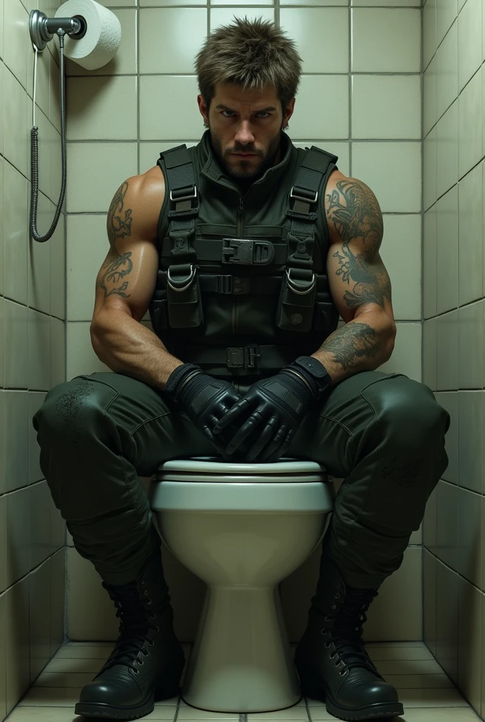 Solid snake from metal gear solid sitting on a toilet