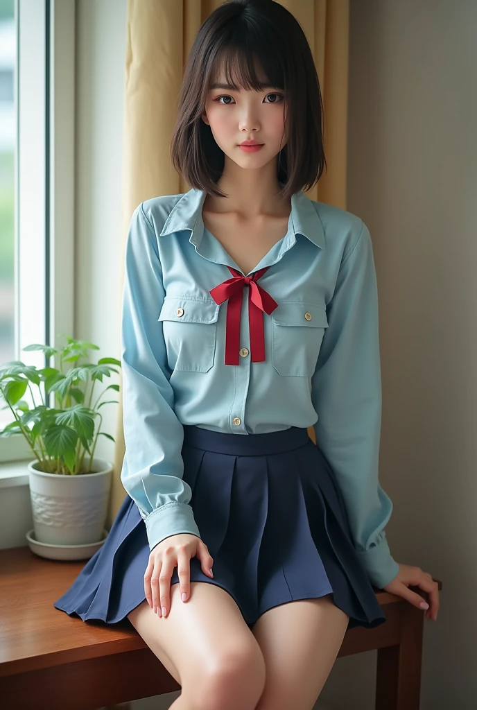High resolution、High resolution、In 8K、RAWphotographgraphy、Highest quality、masterpiece、Tabletop、erotic、student、Light green Bra,White skin,knees,(Skin-colored pantyhose),Detailed Panty Pattern、Panty Focus、Pink Panties、Absurd,Small face、Big Breasts、前hairを真ん中から分ける、The forehead is visible,(Cold look<eyeを細めて,Glare,strong,Light anger)、masterpiece,Highest quality、超High resolution,RAWphotograph,only,Beautiful poop,One person, One personで,Dark look,Small breasts,whole body、very nice、JK ,high school girl,Japanese women,Are standing,(Realistic:1.37)、Photon Mapping,Light blue ribbon,Realistic、Cute Face,茶色のeye、Black socks、22 years old、(Red bow tie)、Radio City、物理ベースonlyダリング、prospect、Written boundary depth、Blurred Background、photograph,girl、body,Beautiful legs, Long legs, Thin legs,Long Bob Cut,(前hairが見える), hair, lips, green_eye, Nose Soft,(Light blue shirt), (Navy Pleated Skirt), kneesが見える,See-through clothing,, thigh, black cotton socks,Nogizaka Idol, , Japanese Ido、キラキラしたeye、Glossy lips、