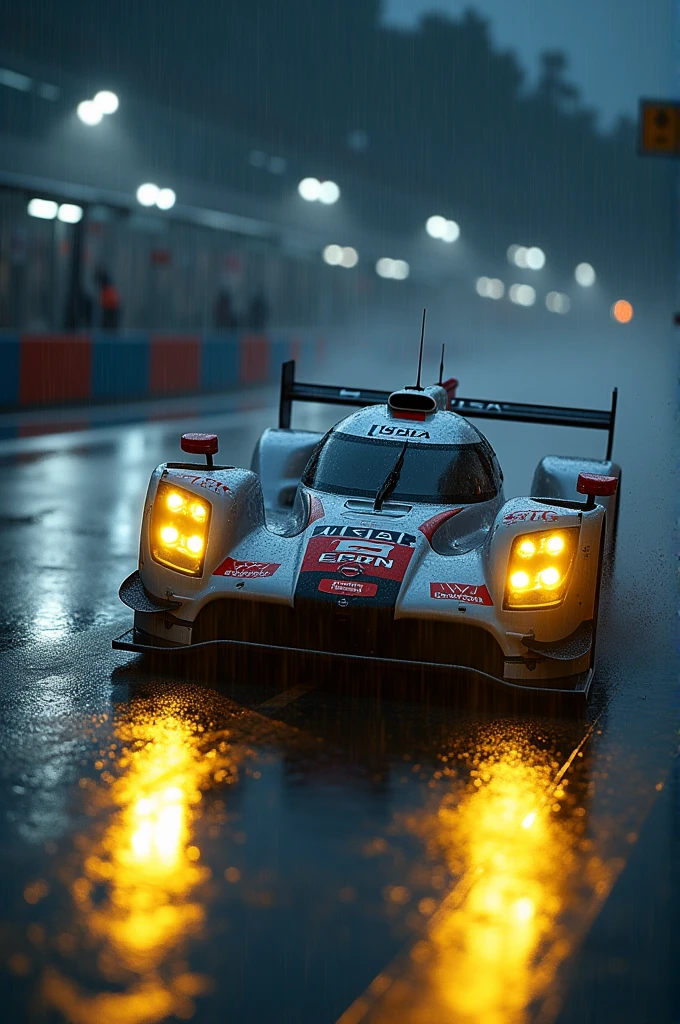 A Nissan GTR LM racing through a Le Mans curve in the rain with the headlights on