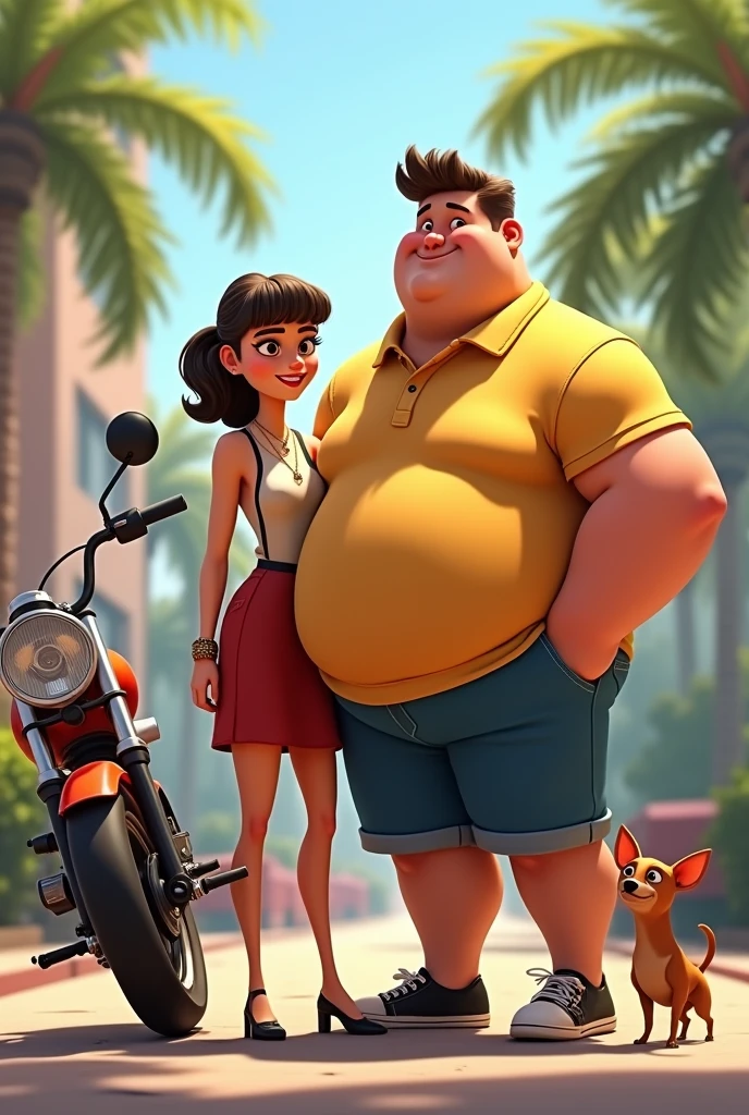 Animated beautiful fashionable girl, next to a tall fat boy in a polo shirt, a motorcycle and a brown chihuahua dog