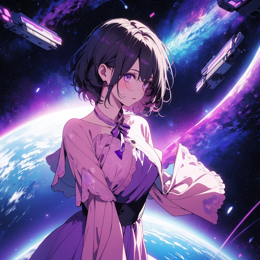 Girl with short purple hair in pink dress, purple space background, Ultra-high image quality, looks away from the camera