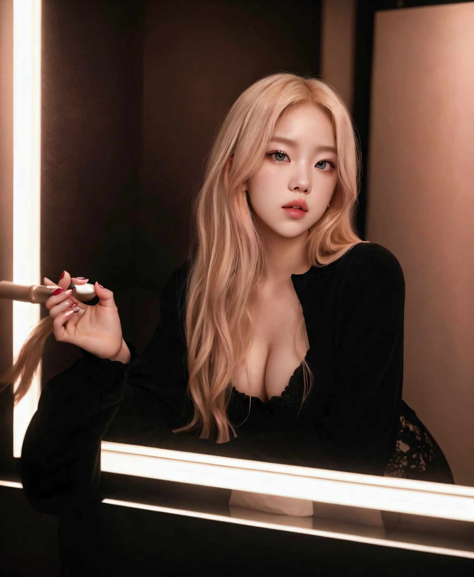 Rosé Blackpink, blond hair, Wavy, full lips, doll lips, seductive eyes, Pale skin, Beautiful asian female, light eyes, dominant sexy female energy, white skin, pretty ROSÉ.