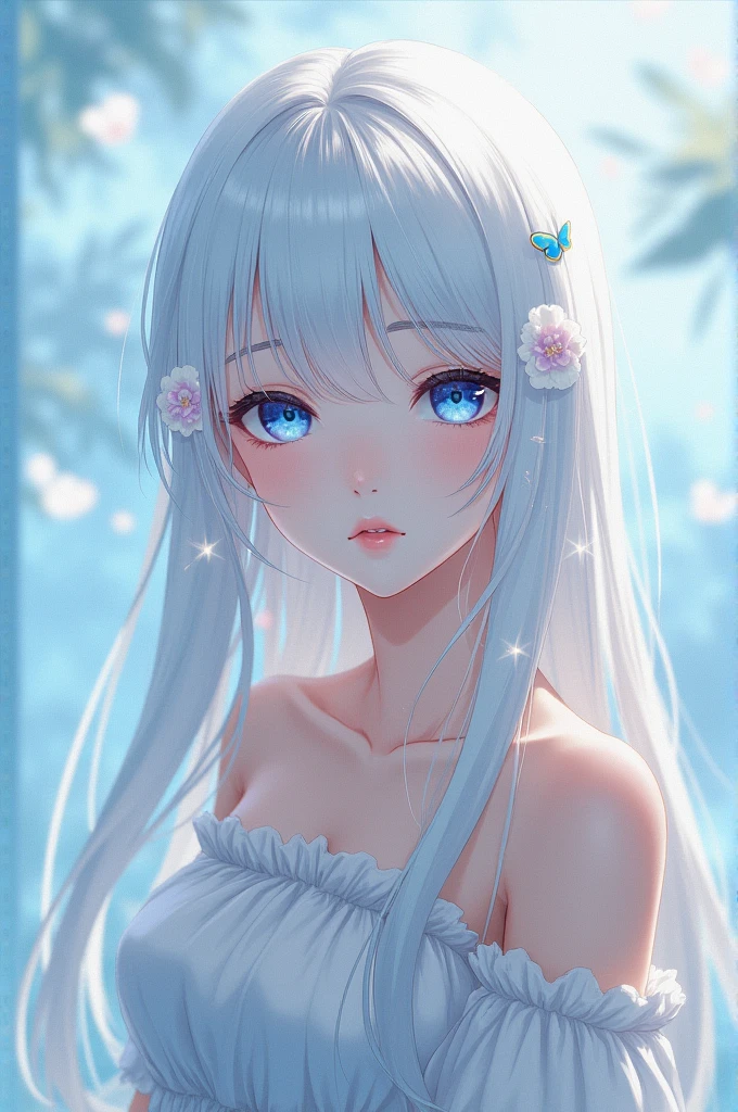 Beautiful woman straight white hair with capul and blue eyes anime style