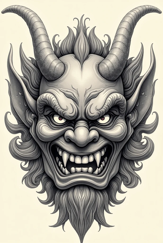 Japanese Ogre Mask, drawning, high qualiy, with just one whole horn, 