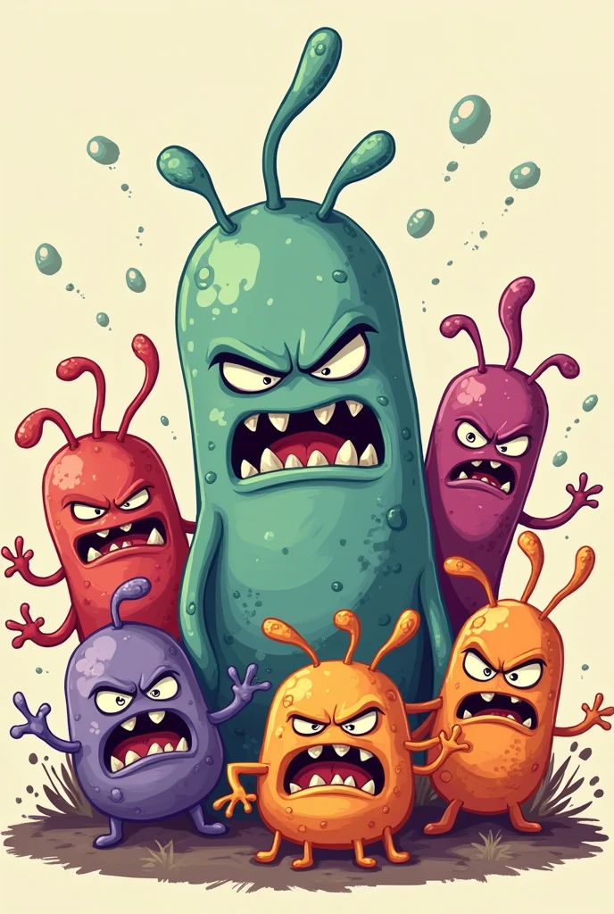 Cartoon image with several bacteria with angry faces