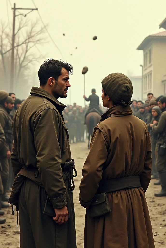 two people talking (poor clothing) within the crowd of his people who were throwing stones at a horse and its rider from a distance, type years 1917 in Russian