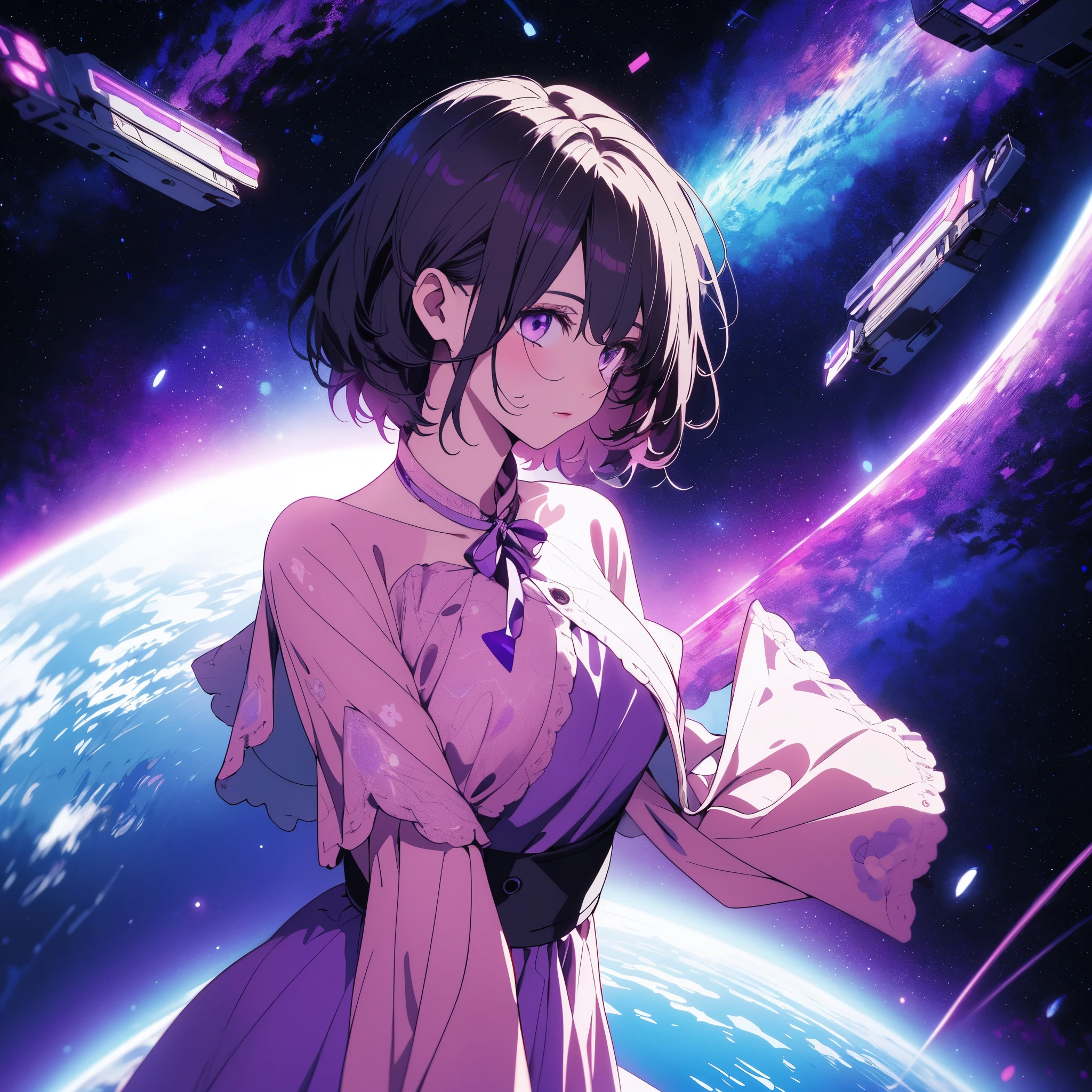 Girl with short purple hair in pink dress, purple space background, Ultra-high image quality, looks away from the camera