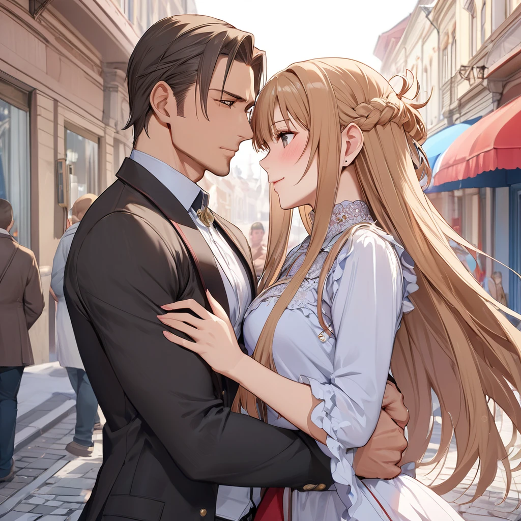 ((Highest quality)), ((masterpiece)), (detailed), （Perfect Face）、The woman is Yuuki Asuna, a Russian with light brown, semi-long hair.、In the streets of Russia, women are beautifully dressed in everyday Russian clothing and luxurious accessories.、The woman is having a fun date with a hunky Russian man.、A man is embracing a woman