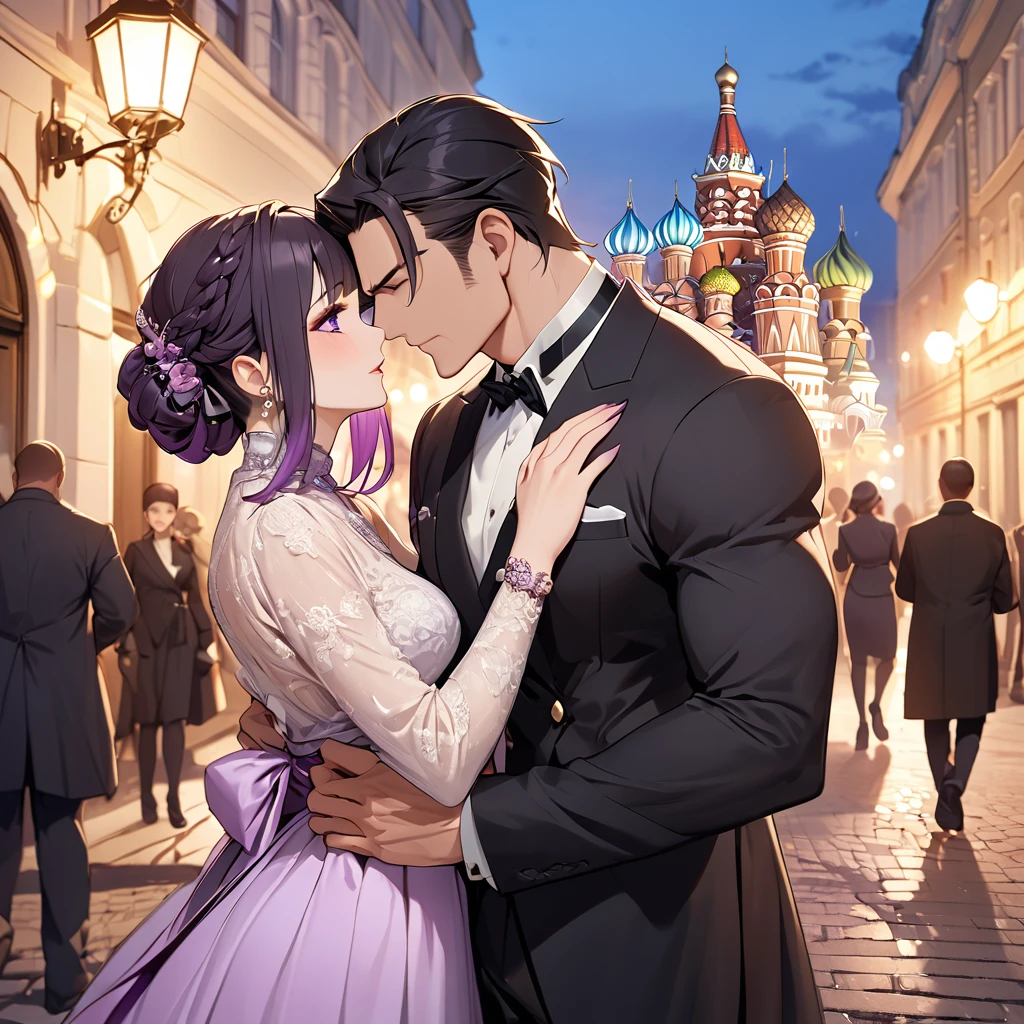 ((Highest quality)), ((masterpiece)), (detailed), (Perfect Face)、The woman is Shinobu Kocho, a Russian with black hair in a purple gradient bob style, tied up in a formal evening hairstyle.、In the streets of Russia, women are beautifully dressed in everyday Russian clothing and luxurious accessories.、The woman is having a fun date with a muscular Russian man.、A man is embracing a woman