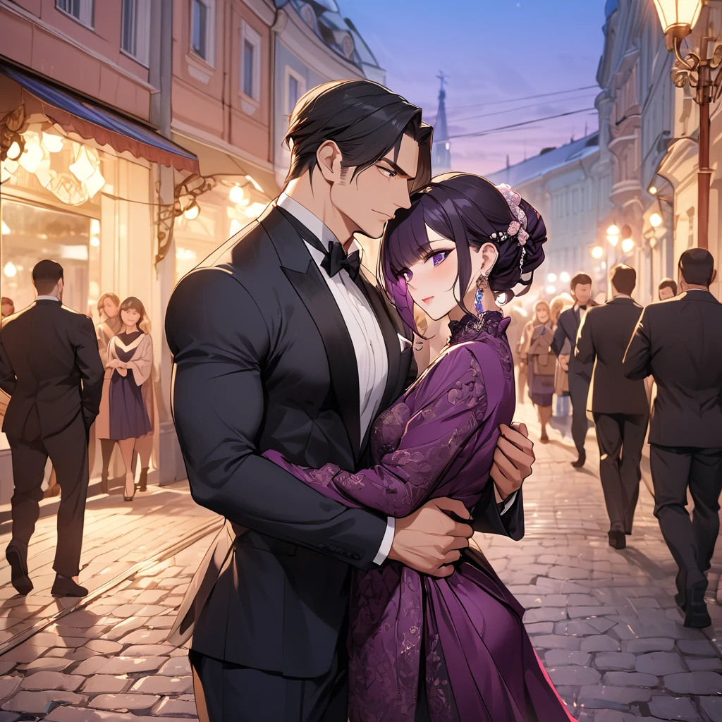 ((Highest quality)), ((masterpiece)), (detailed), （Perfect Face）、The woman is Shinobu Kocho, a Russian with black hair in a purple gradient bob style, tied up in a formal evening hairstyle.、In the streets of Russia, women are beautifully dressed in everyday Russian clothing and luxurious accessories.、The woman is having a fun date with a muscular Russian man.、A man is embracing a woman