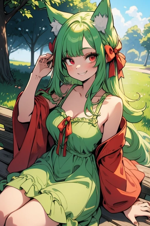 Perfect face. Perfect hands. A light green haired woman with red eyes with green fox ears and a green fox tail in a cute summer dress is smiling while posing in the park