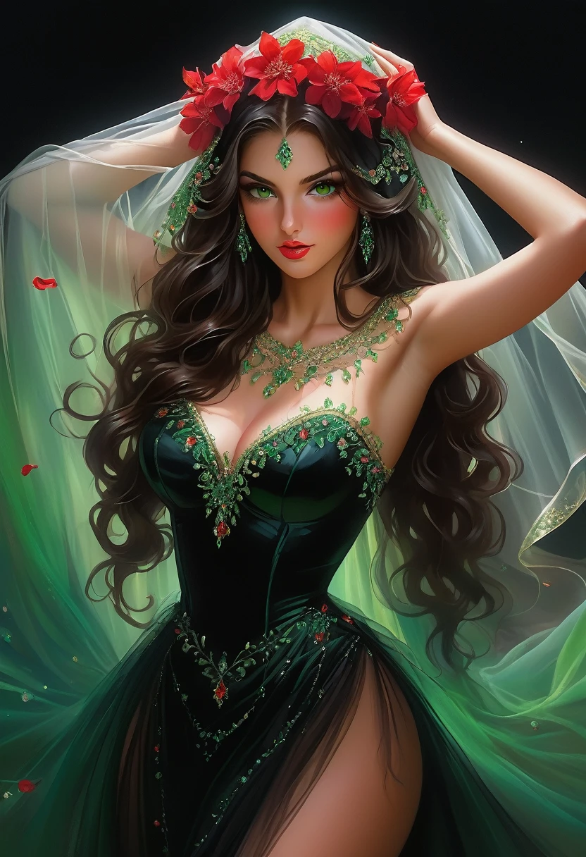 Beautiful girl, brunette, an oil painting, (((body from the knee up))), warm, slightly tanned skin, expressive face, crystal clear green eyes, detailed silliums and eyebrows, full red mouth, long curly black hair, dressed with the veil and black dress detailed and intricate in fine black tulle draped over the shoulders, a profusion of delicate, iridescent and colorful crystal balls glued to the tulle and dress. Detailed studio dark background, red flowers, (((incidental white light in the hair))), image dazzles with beauty, in the highest quality, mesmerize, 8k, UHD.