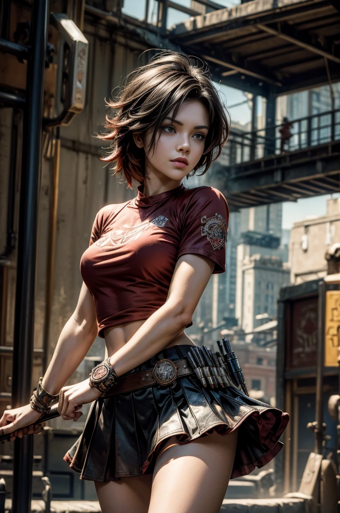 (masterpiece, best quality:1.2), cowboy shot, solo, dynamic pose, 1girl, ruby rose, looking at viewer, t-shirt, skirt, in steampunk city street