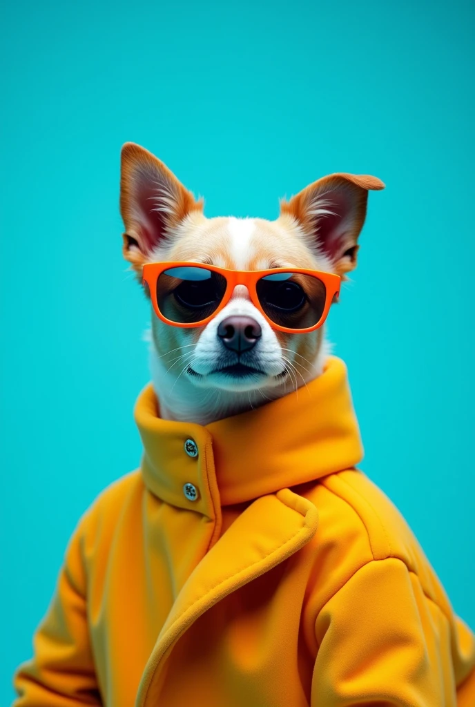 The best cell phone wallpaper, Award-Winning Wallpaper, portrait photography, In the front view is a portrait of a cute dog wearing mid-1960s space age fashion, Side view photo, Shot with Canon EOS R5, Set a strong contrast that accentuates the subject, Fluorescent blue tone, Wearing a very modern coat and sunglasses is a modern 1960s style, Clothes all in one color, beautiful background