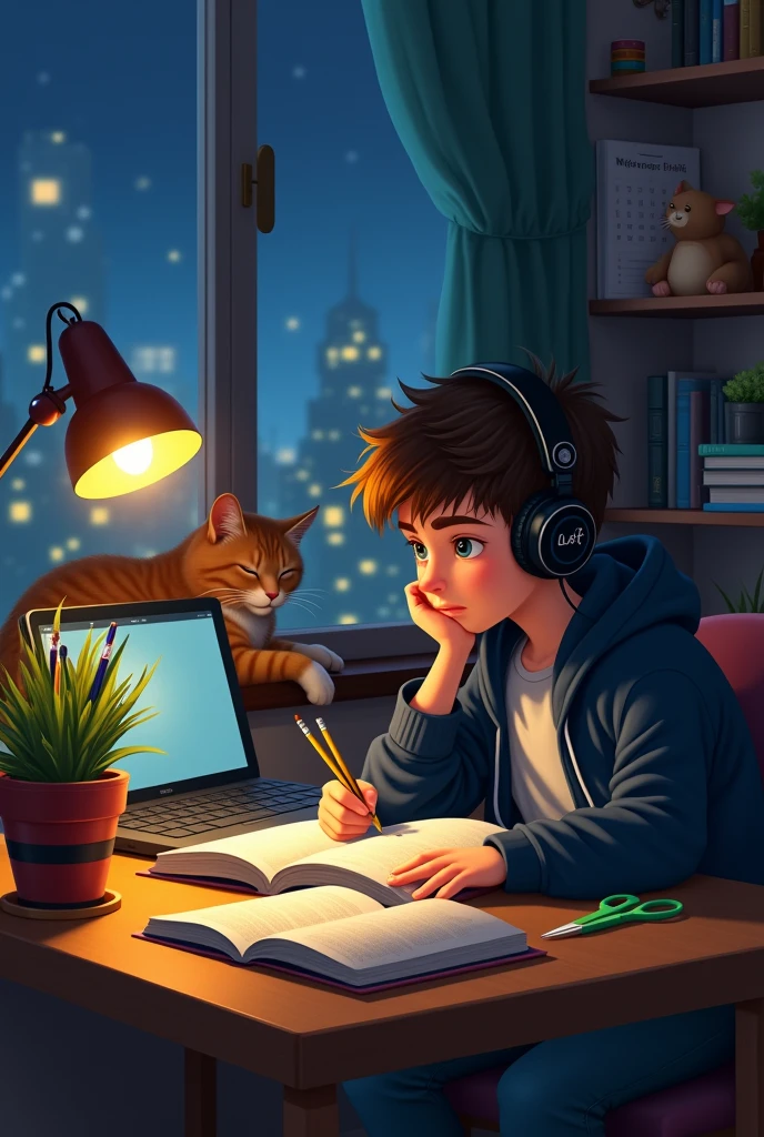 A nighttime scene in a cozy room, with a cityscape visible through the large window in the background. The room is softly lit by a warm, vintage-style desk lamp that casts a gentle glow over a young boy. The boy is seated at a wooden desk, deeply engrossed in studying a book. He wears a dark blue hoodie with the hood down, over a light gray t-shirt, and a pair of black headphones with a subtle, modern design, labeled "Lofi". His hair is short and slightly messy, giving him a casual appearance. His expression shows focus and determination as he rests his chin on one hand, flipping through the pages of the book with the other.
On the desk, there are various items scattered around: a pot with a healthy green plant, a collection of pencils and pens in a striped red and black holder, and a pair of green scissors lying next to an open notebook. A laptop is open on the desk, showing a paused video. A stack of books sits nearby, slightly leaning against the plant pot.
In the background, a large, orange tabby cat is curled up, sleeping peacefully on the windowsill, partially obscured by the plant. The room's walls are adorned with small, framed pictures and a calendar, adding to the personal and lived-in feel of the space. A bookshelf on the right side is filled with books, a few small decorations, and a soft, plush toy sitting on top. The overall ambiance is one of quiet concentration and comfort, with a subtle sense of the boy's personality expressed through the details of the room.