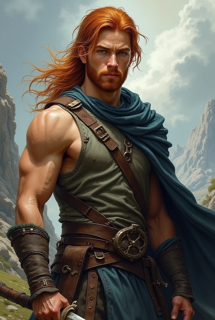 Young man with thin beard and long red hair, clear blue eyes, athletic build, Medieval warrior
