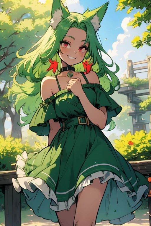 Perfect face. Perfect hands. A light green haired woman with red eyes with green fox ears and a green fox tail in a cute summer dress is smiling while posing in the park