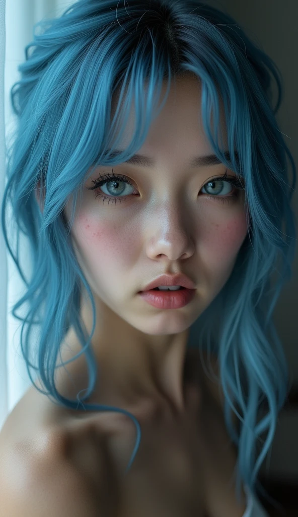 Full lenght, make a girl indistinguishable from reality, blue hair, narrow face, grey eyes, girl, 18 years old, slim figure, almond-shaped eyes, button nose, full lips, european appearance, ultra highly intricate detailed, black eyeliner, over knee stockings, looking at the camera, professional photography, ultra sharp focus, very beautiful, naked