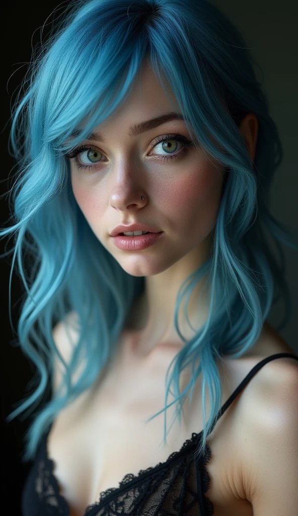 Full lenght, make a girl indistinguishable from reality, blue hair, narrow face, grey eyes, girl, 18 years old, slim figure, almond-shaped eyes, button nose, full lips, european appearance, ultra highly intricate detailed, black eyeliner, over knee stockings, looking at the camera, professional photography, ultra sharp focus, very beautiful, naked