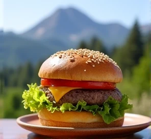 burger sandwich cheese lettuce and tomato on a plate on a table with Mount Olympus in the background