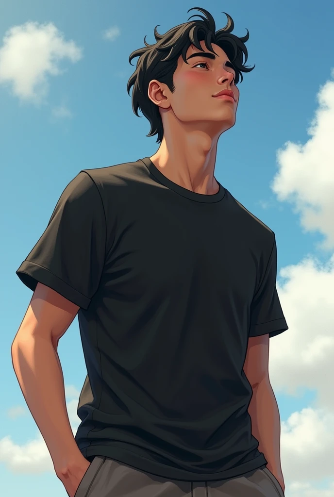 I want now the same young man with black hair, black eyes, black shirt and short shorts with a face of happiness and freedom enjoying the fresh air of an age of 26 years in 3d
