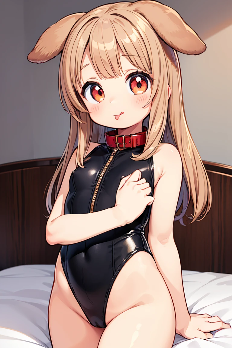 Beautiful illustration, best quality, cute girl, ((In a comfy bedroom)), pastel color, natural tones, Brown bangs, ((Dog ears)), ((Looking at viewer)), ((Slender body)), ((Red collar)), ((Black leotard)), ((Stick tongue out)), bright lighting, ((Big eyes)), ((Perfect hands))