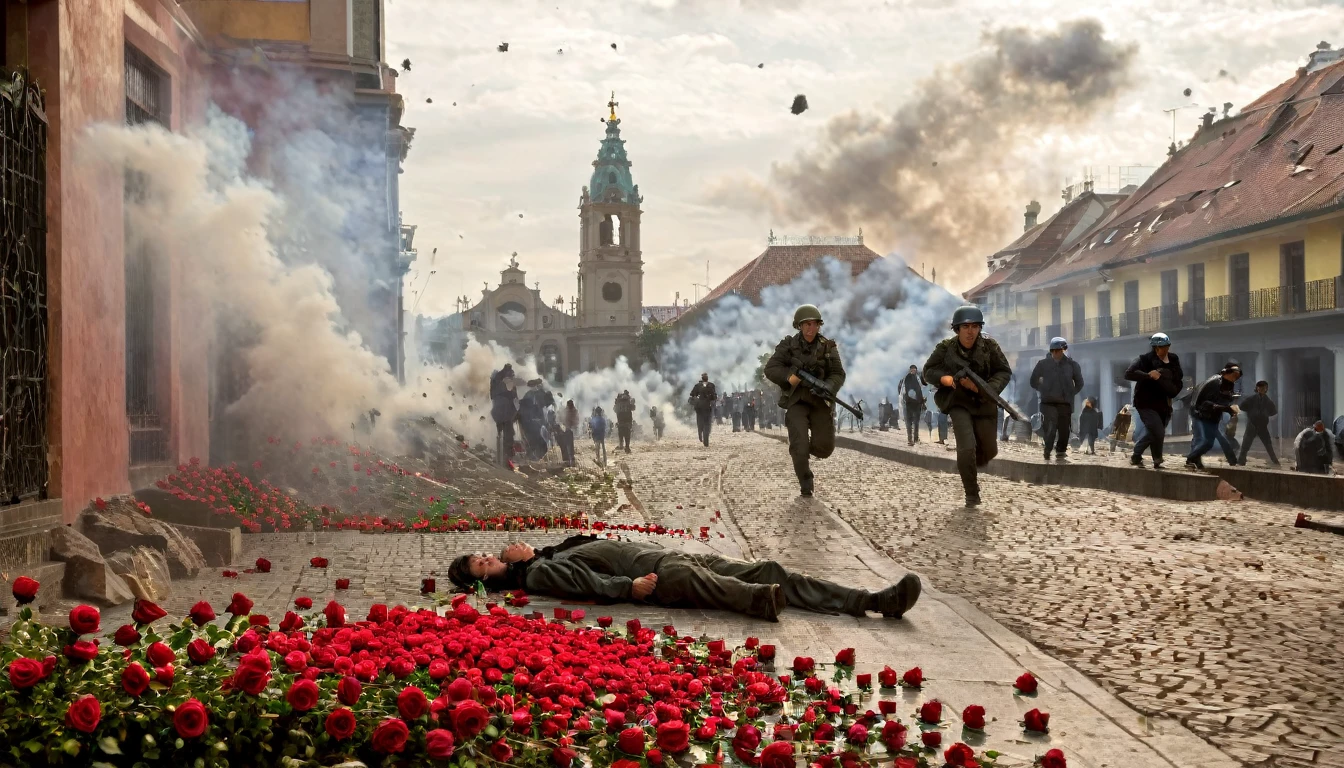 war scene; bombs falling from the sky in the Bogotá  city(((big explosions))); (((roses flowers on the ground))); Create a picture for me where there is war in the foreground and people are fleeing in the background