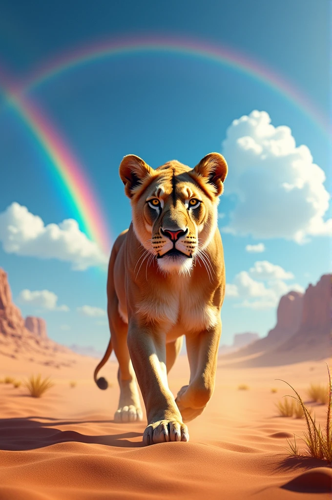 A Lioness Walking Through the Desert with the Sky With Many Rainbows