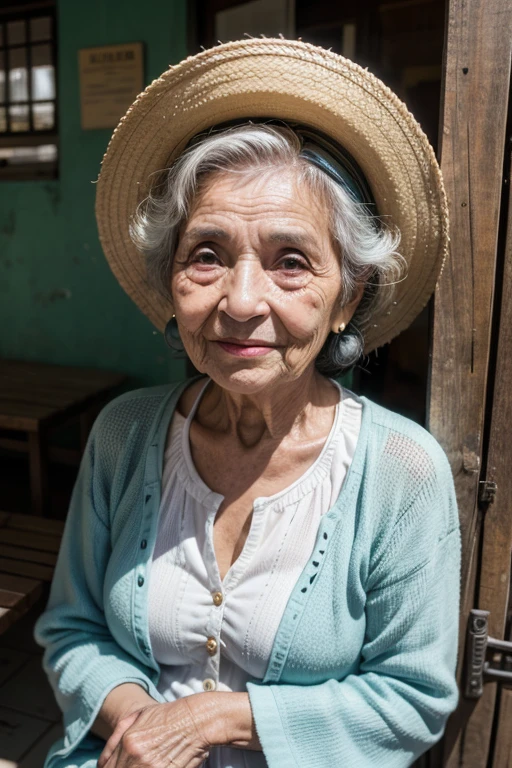 a photo of a friendly old brazilian woman alone