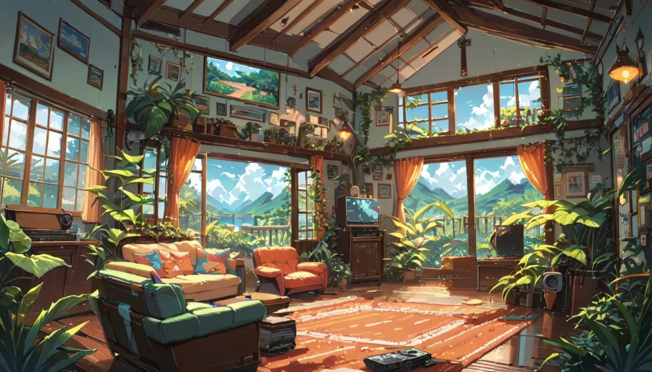 ((anime:1.4,illustration)),(masterpiece, top quality, best quality),(ultra-detailed, absolutely resolution),((16k, high res)), (((St Kitts and Nevis Living Room, living room, morning sky, Airy feeling with vaulted ceilings. Tropical foliage)) ((cozy lofi illustration:1.4)), ((anime:1.4, illustration)),(masterpiece, top quality, best quality),(ultra-detailed, absolutely resolution),((16k, high res)) BREAK {lofi art, style of Laurie Greasley, style of Makoto Shinkai, anime aesthetic}, BREAK { (produces images with information than 40 million pixels with cinematic-like detailed textures shot on a Sony SLR).}