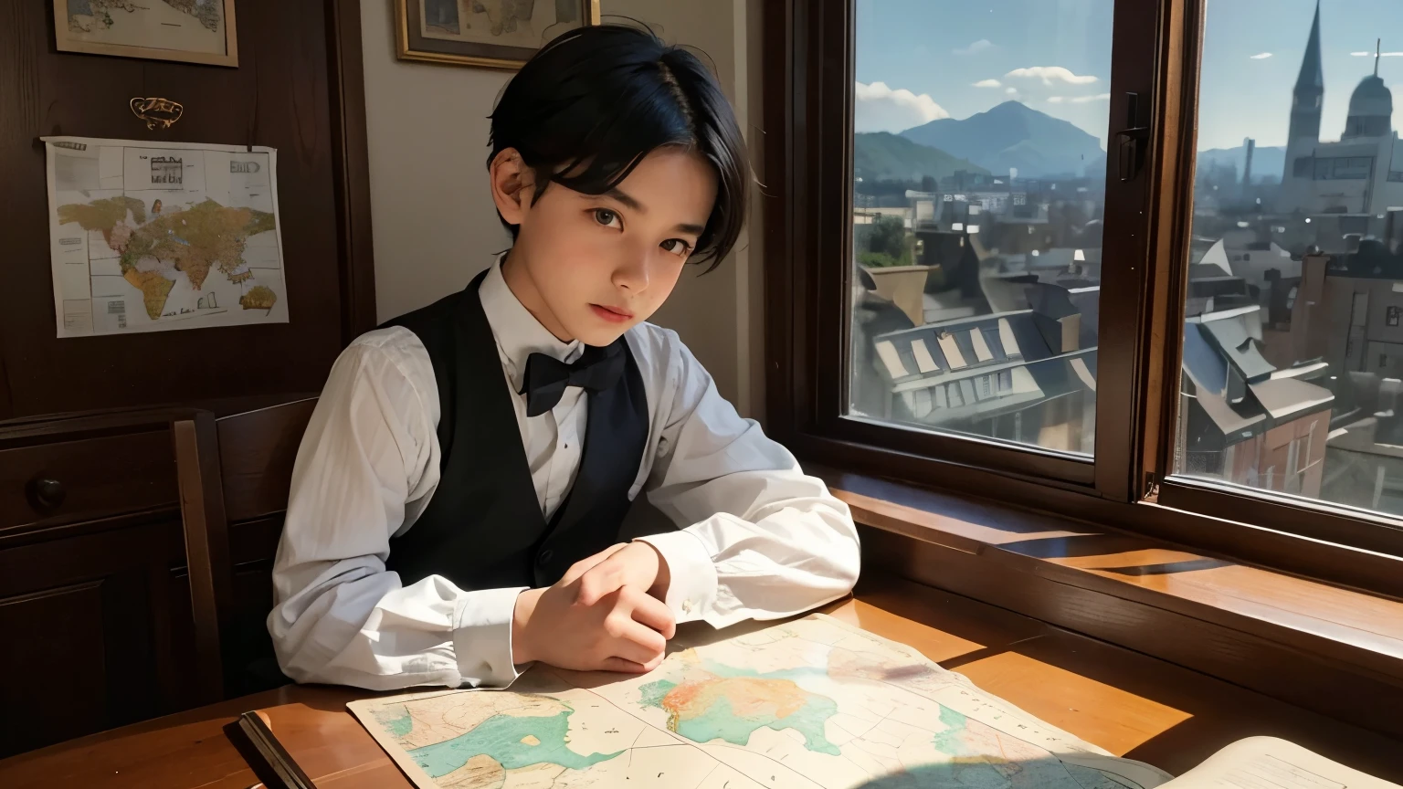 The Boy from a Small Town Who Saw the World
"A young boy in 1920s attire studying a large world map, with a piggy bank nearby and a distant cityscape visible through a window"