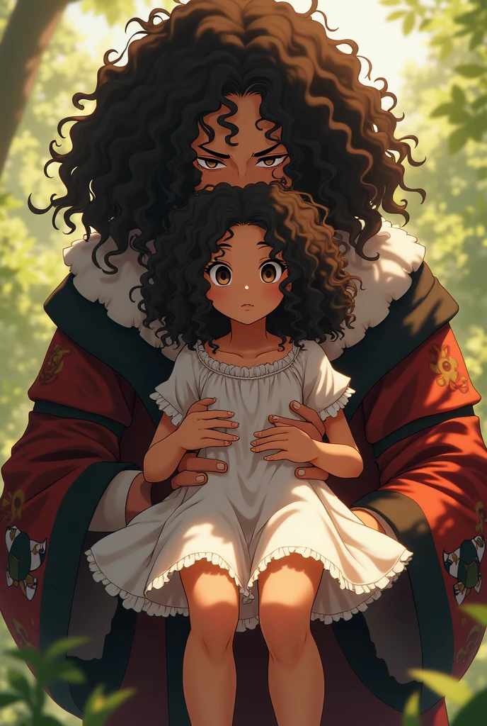 I want a girl about , black, long curly very curly brown hair, Brown eyes, short,  with soft clothes, that is, a summer dress, being carried by Hagabezuca from Kimetsu no Yaiba