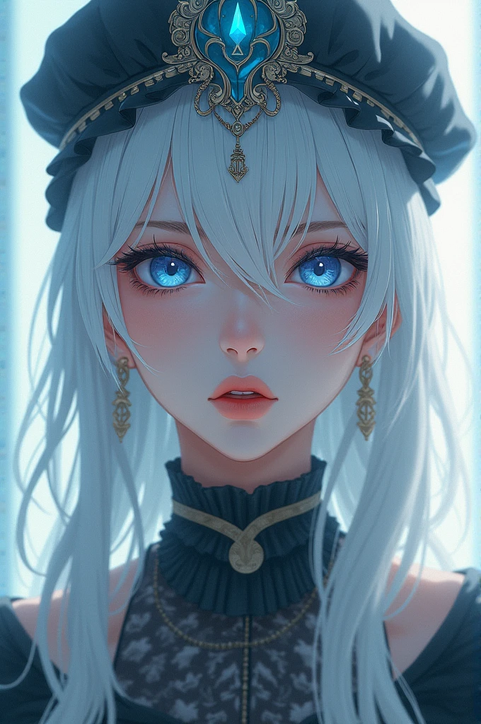 Herma woman with white hair and a capul with blue eyes and an expressionless face in anime style 