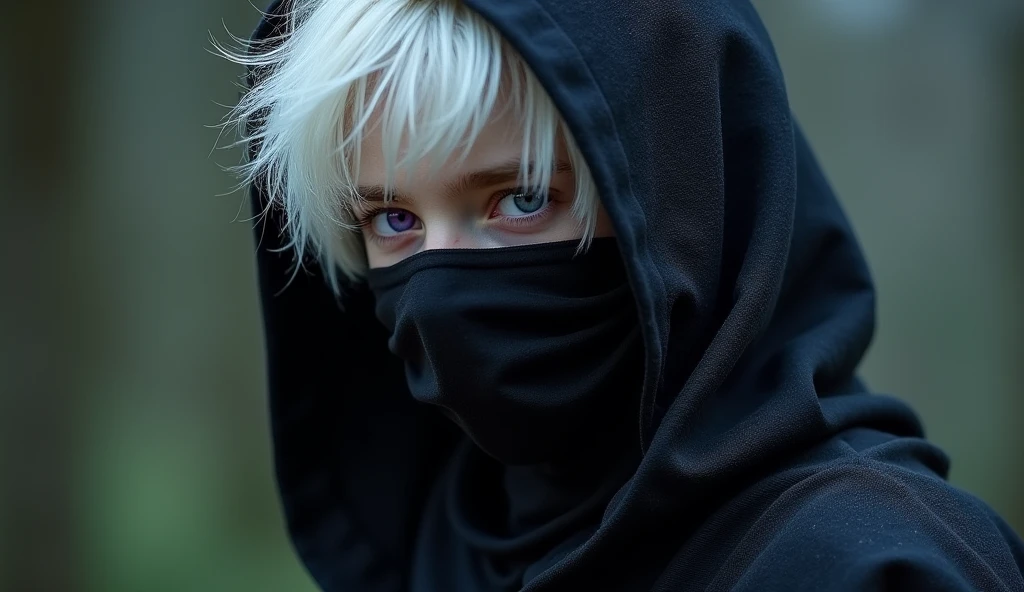 Young dark lord, a teenager boy with white hair and purple eyes, Dark wizard, A boy wearing a black cloak. A mask that covers the face.