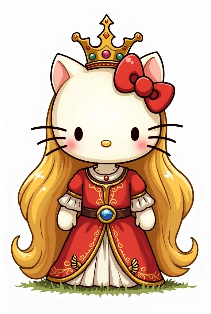 Make a normal drawing of Hello Kitty on a white background but with Princess Zelda's hair and crown and her dress.