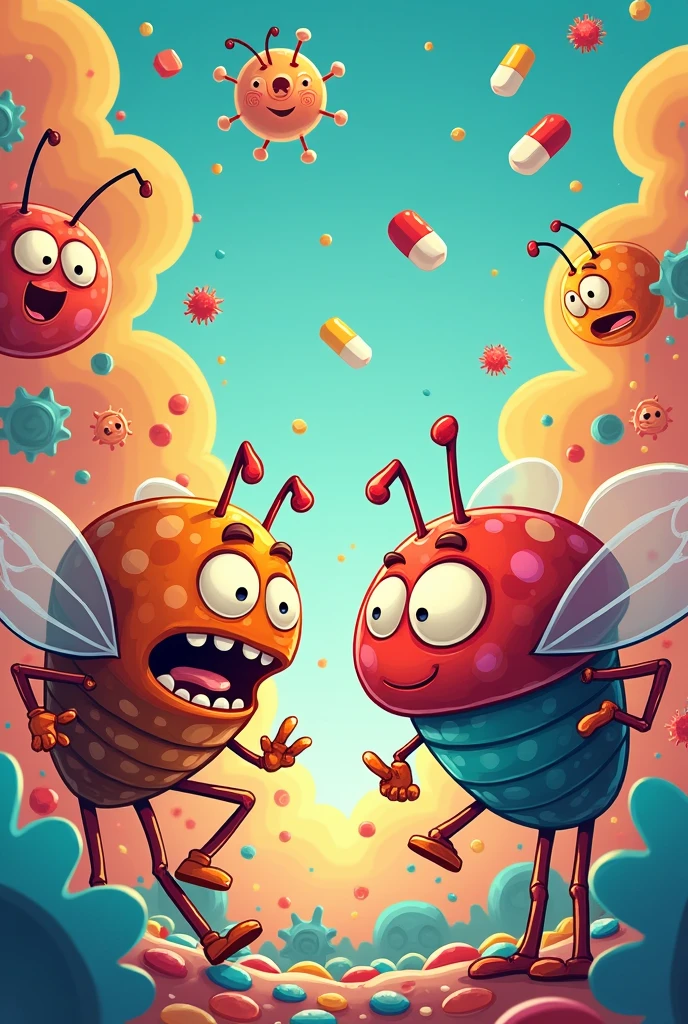 Cartoon image with superbugs and pills