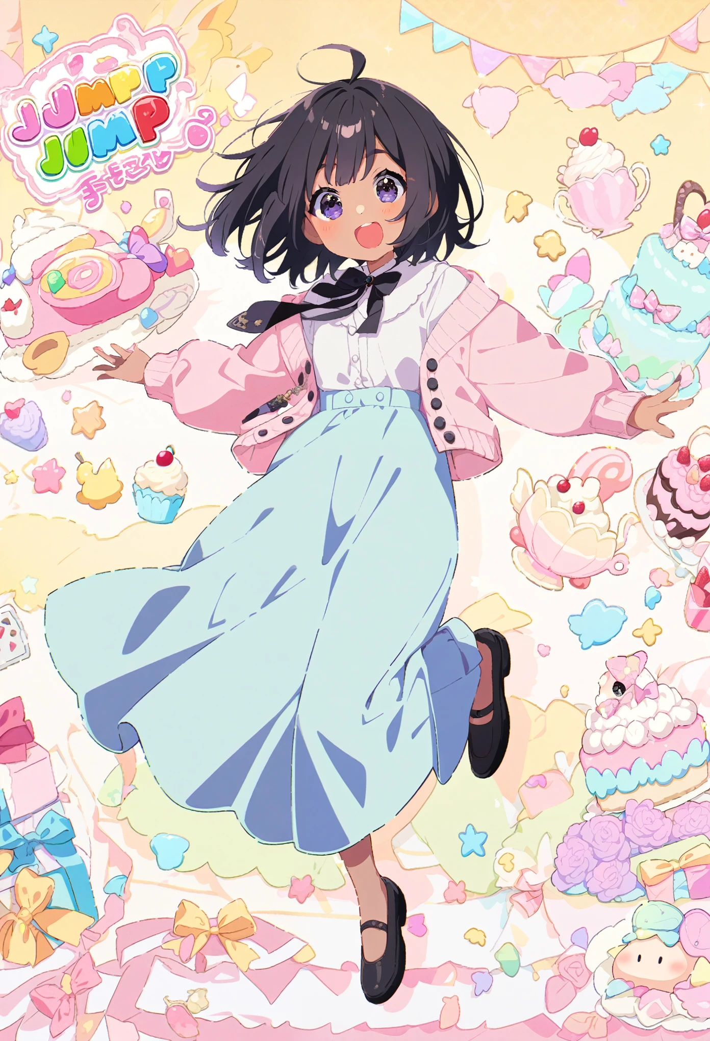 awoman、pastel black hair、pastel pink cardigan with buttons and bow、pastel blue skirt、full body、dark skin、black eyes、long skirt、smiling、jump
nime screenshot,