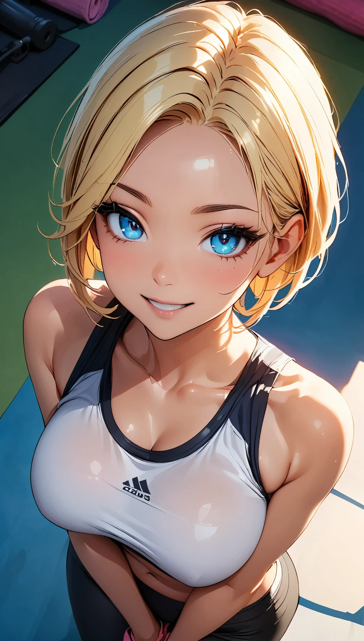 Sexy fitness instructor, 1 Female, Athletic Wear:1.2, Clean clothes, (Blonde, Berry Short Cut, Light blue eyes), smile:1.3, Beautiful eye color, Pose looking from above, View from below, Yoga Mat, Training Equipment, Sexy pose, Cinematic lighting, dramatic colors, Chiaroscuro, elegant, Elegant, Sensual beautiful detailed athletic woman, Training Room, Detailed room interior, Nasty, Alluring, (Highest quality:1.2, 4K, 8k, Very detailed, Attention to detail, masterpiece:1.2, Best aesthetics),