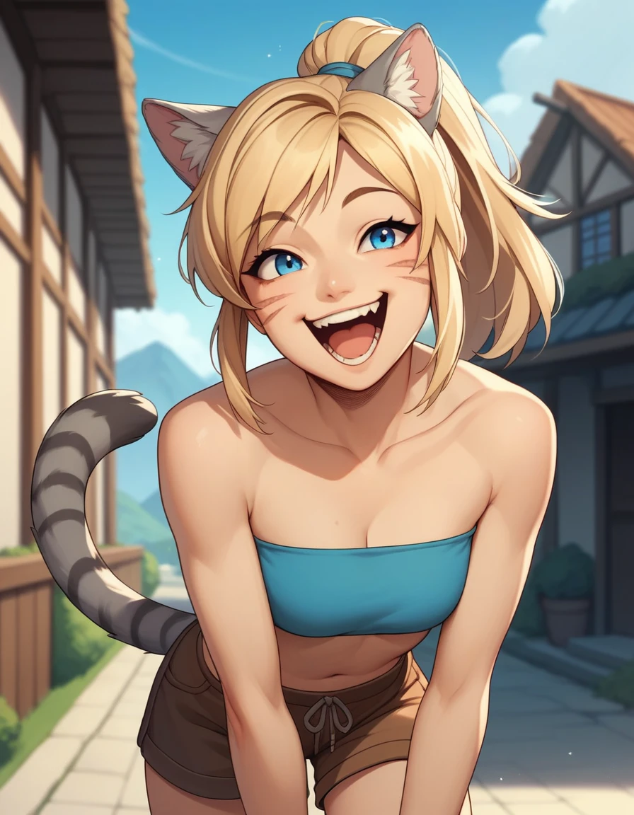 Solo, score_9,score_8_up,score_7_up, score_6_up, score_5_up,source_anime, human, Kat, blue eyes, black whisker marks on face, grey cat ears, blonde hair, hair in ponytail, wearing blue bandeau, brown shorts, laughing, big smile, mouth open, on a mountain pass trail, standing, in a village, hands to her face